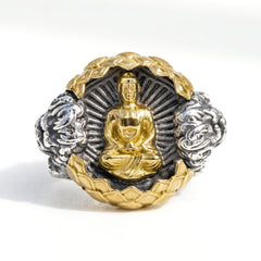 Buddha Aged Silver & 18K Gold Men's Ring