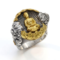 Buddha Aged Silver & 18K Gold Men's Ring
