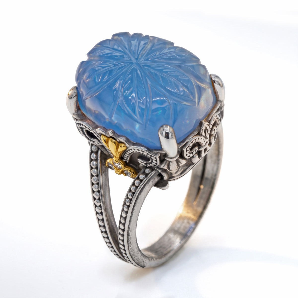 "Beginnings" floral carved milky aquamarine and diamond ring in aged silver and 18K gold, angled view
