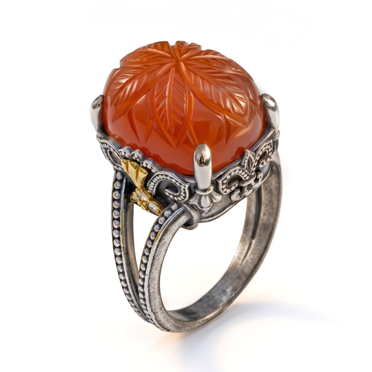 Beginnings carved carnelian and diamond ring in aged silver and 18K gold, angled view