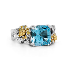 BLOSSOM BLUE TOPAZ YELLOW SAPPHIRE AGED SILVER 18K GOLD FLORAL RING