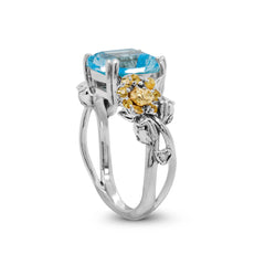 BLOSSOM BLUE TOPAZ YELLOW SAPPHIRE AGED SILVER 18K GOLD FLORAL RING