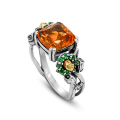 BLOSSOM CITRINE TSAVORITE AGED SILVER 18K GOLD FLORAL RING