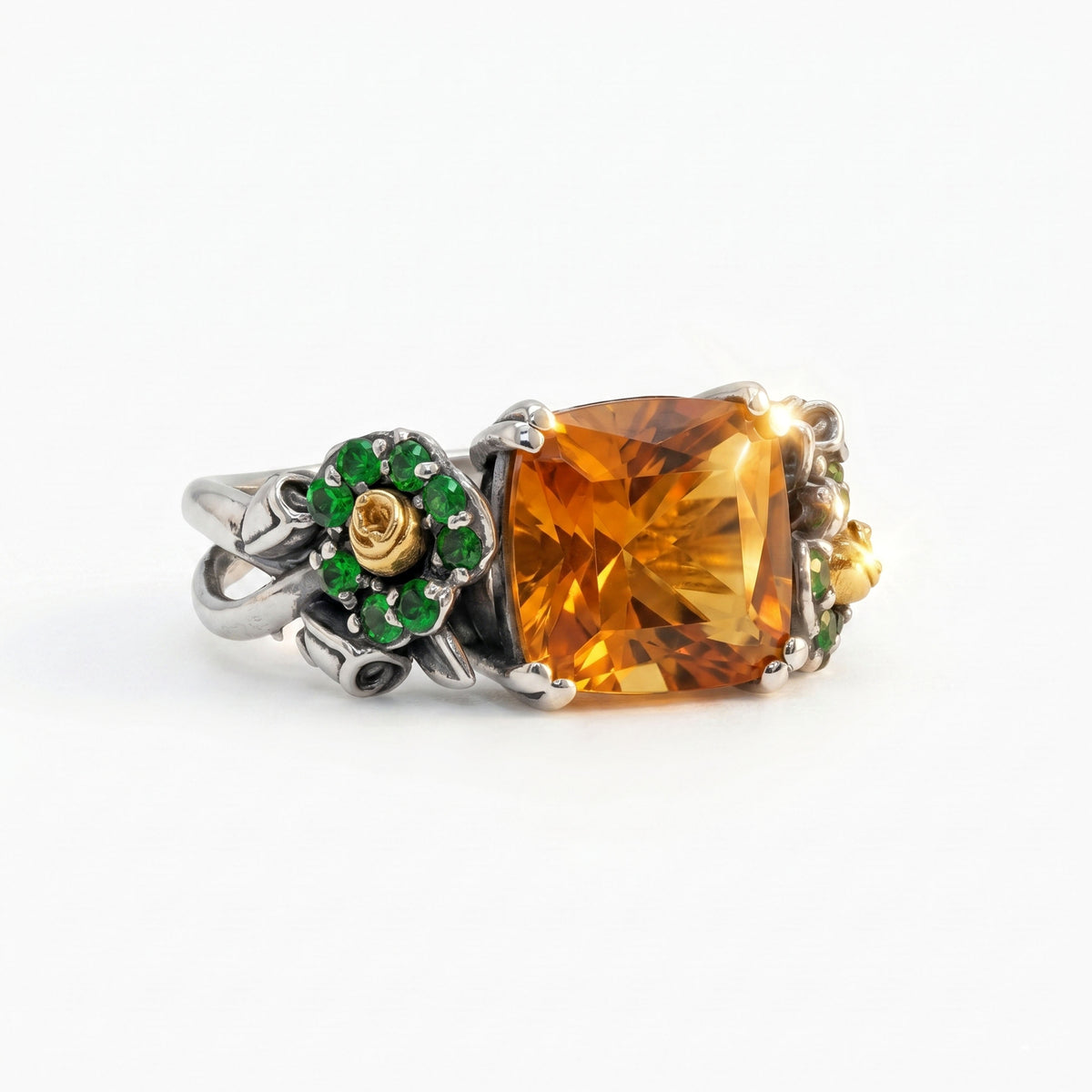 Blossom aged silver and 18K gold citrine ring with tsavorite flowers, side view