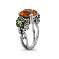 BLOSSOM CITRINE TSAVORITE AGED SILVER 18K GOLD FLORAL RING