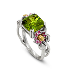 BLOSSOM PERIDOT PINK SAPPHIRE AGED SILVER 18K GOLD FLORAL RING
